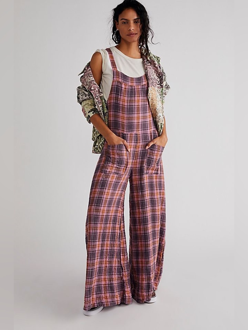 Free People x CP Shades Cyprus Plaid Overalls Size M Pink Valentine 100%cotton